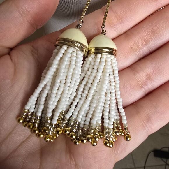 Talbots Double Adjustable Slider Tassle Chain Pendant Necklace Gold White Cream - Picture 4 of 7